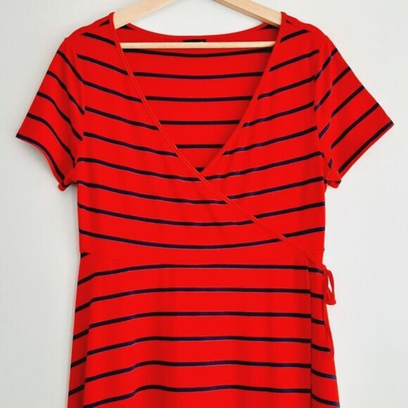 TORRID \ Faux Wrap Knee Length Midi Dress Stretch Jersey Knit Stripe Red Blue M - Picture 2 of 13
